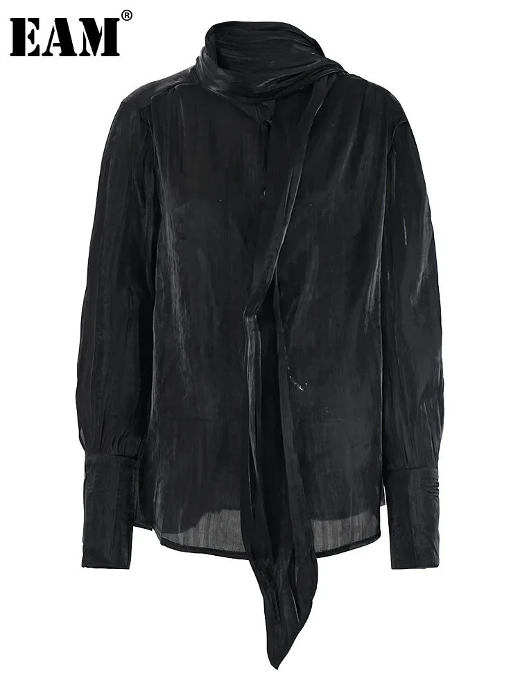 [EAM] Женская черная элегантная блузка из органзы большого размера новая рубашка с