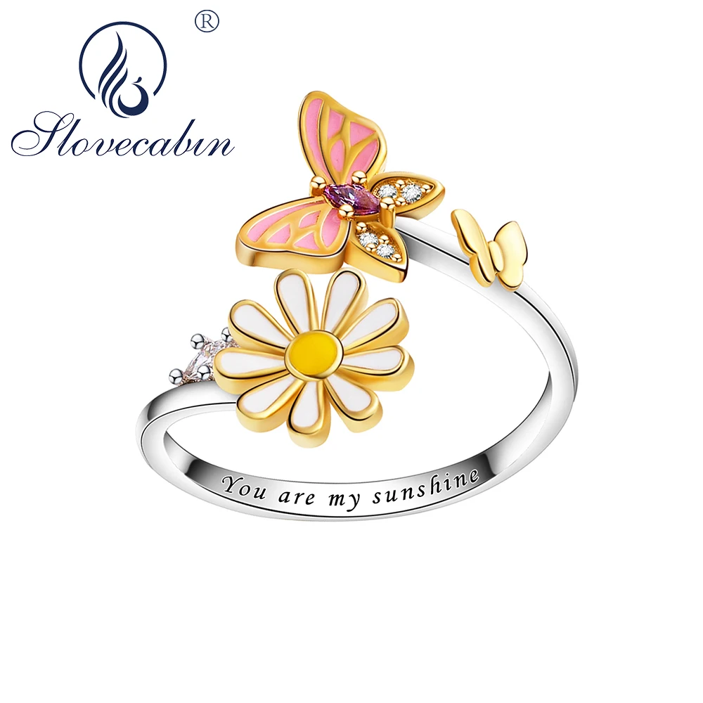 

Slovecabin Authentic 925 Sterling Silver Rotable White Daisy & Clear CZ Butterfly Resizable Finger Ring For Women Spring Gift