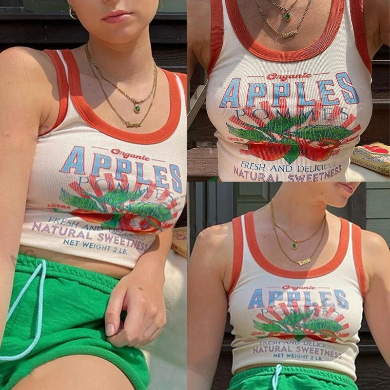 

Women Sleeveless Ribbed Knit Crop Top Letter Print 90s Vintage Bodycon Vest