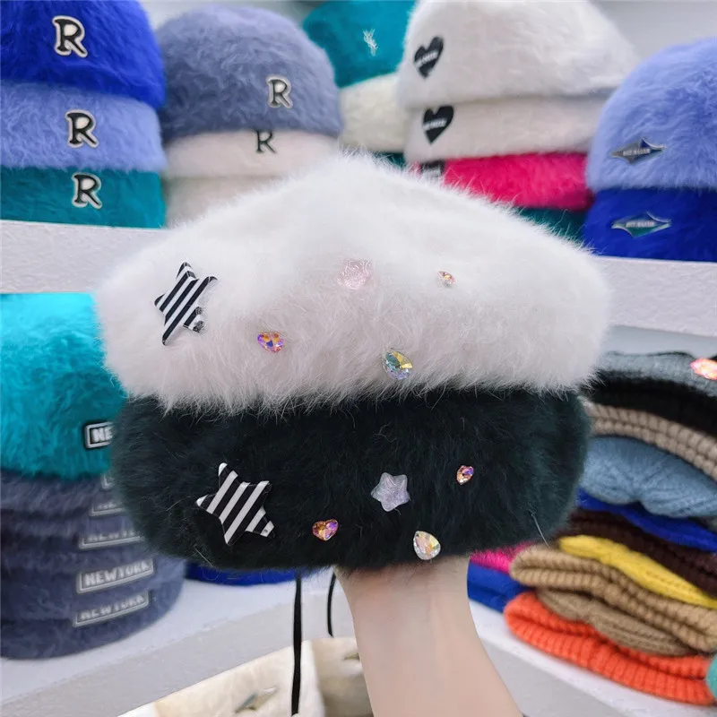 

202212-2509010 chic dropshipping winter warm rabbit hair star color crystal Rhineston lady beret hat women Leisure painter hat