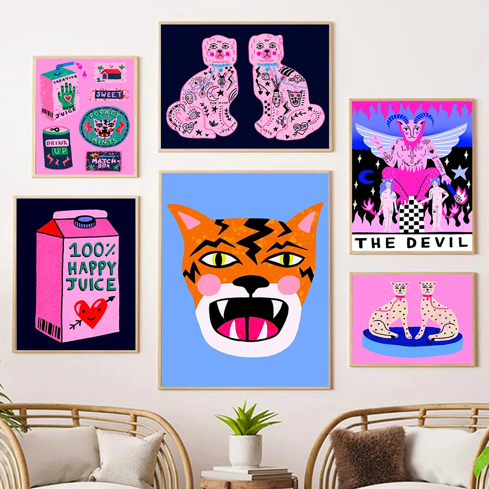 

Творческий сок пантера коты олень Жук Тигр фотопечать дьявола Таро розовый мультфильм холст картины для домашнего декора