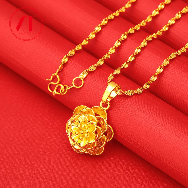 

24K Gold Plated Openwork Peony Necklace for Women Ladies Wedding Bridal Charm Flower Pendant Choker Water wave Chain Jewelry