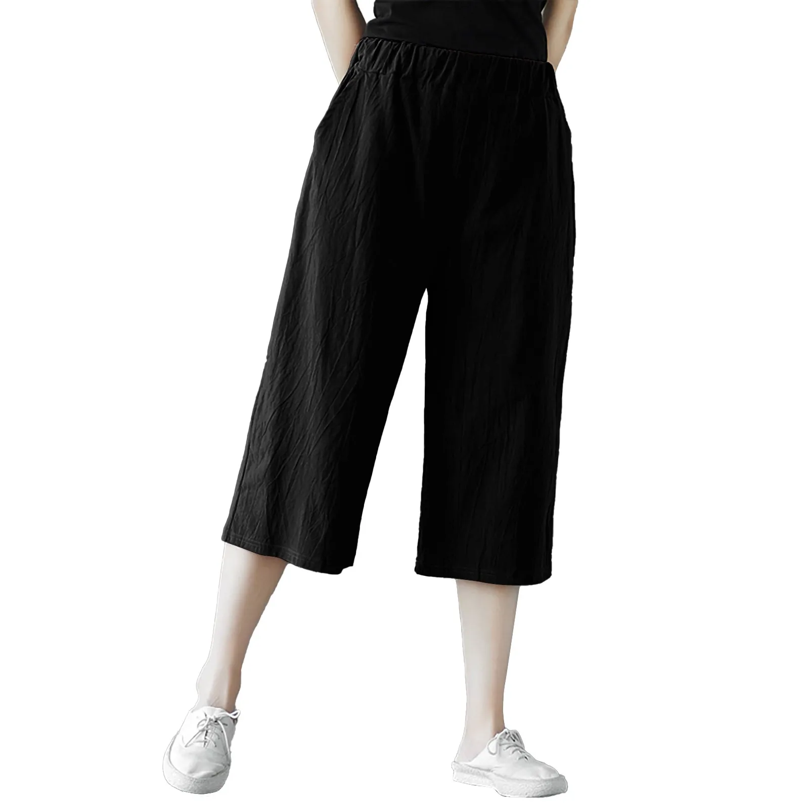 High Waist Cotton Linen Pants for Women Casual Loose Vintage Wide Leg Trousers with Pockets Solid Color Drawstring Cropped Pants