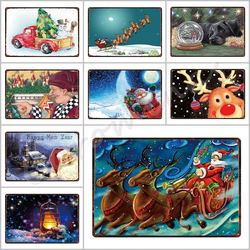 

Christmas Ski Metal Sign Wall Art Happy New Year Retro Metal Sign Board Santa Good Luck Festive Plaques Bar Cafe Home Decoration