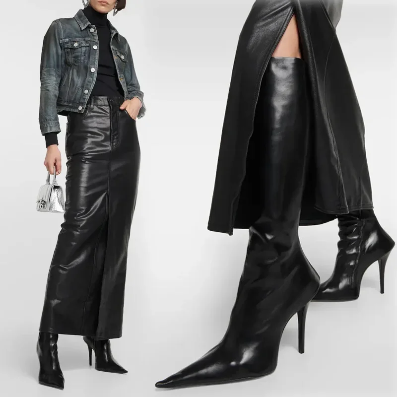 Сапоги до колена с острым носком и боковой молнией на шпильке пикантные