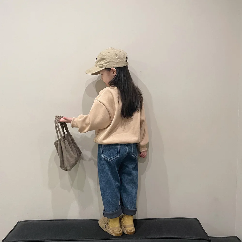 Children's plush thickened jeans winter Korean boys and girls one piece velvet elastic casual denim trousers