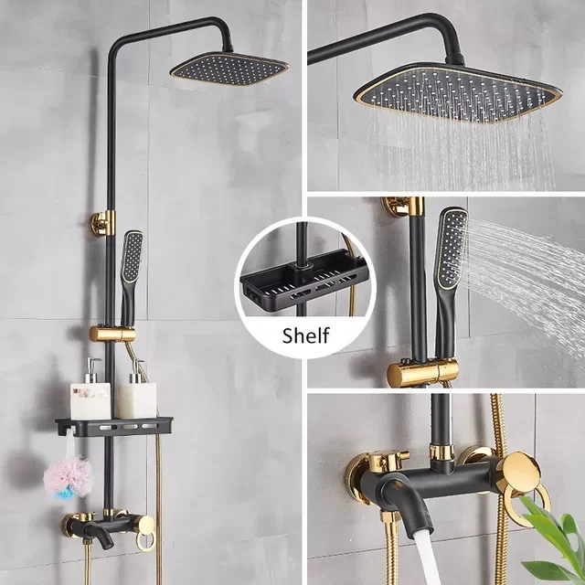 

Matte Black Gold Shower Faucet Set Bathroom Rainfall Shower System With Shelf 3-way Mixer Hot Cold Water Mixer Tap