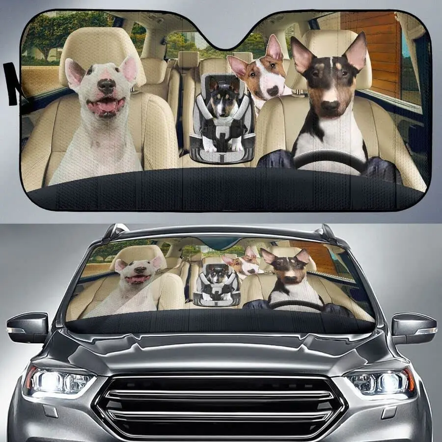 

Funny Bull Terrier Family Driving Dad Mom and Child Dog Lover Car Sunshade, Car Window Sun Cover Car Windshield Visor Sun Shade