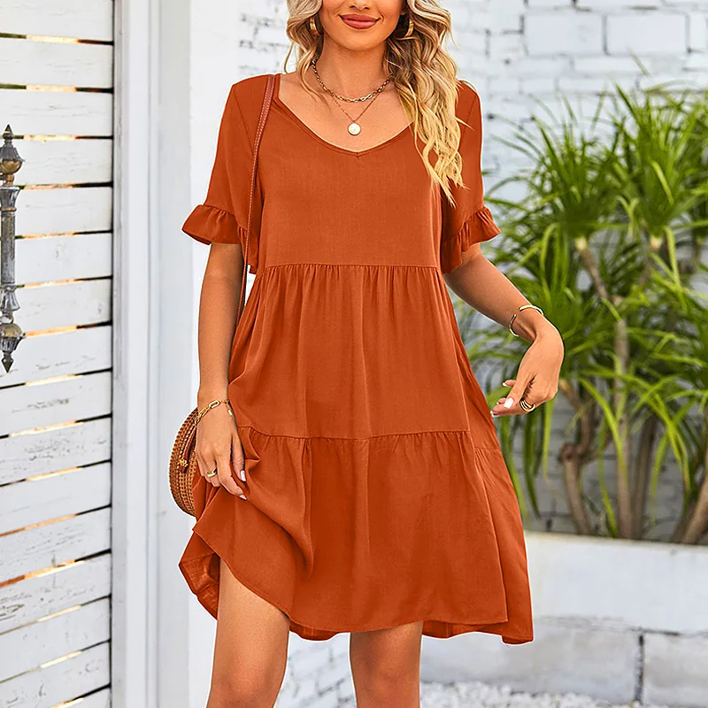 

2023 New Women's Wear European And American Spring/summer Leisure V-neck Doll Dress With Three Layer Pleated Dress