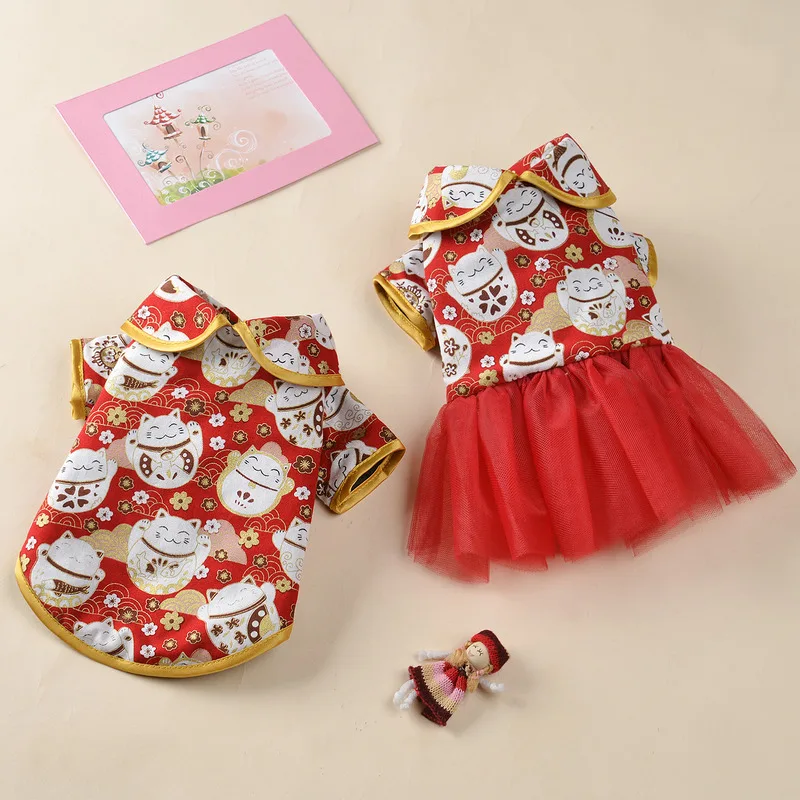 

Платье для домашних питомцев Lucky Cat, одежда для собак, футболка для пар, одежда для собак, юбка Kawaii, праздничный теплый костюм Тан, осенне-зимн...