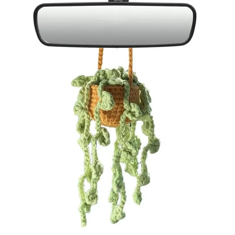 

Car Potted Plants Crochet Decor Knitted Plant Basket For Car Mirror Hang Portable Handmade Knitted Rear View Mirror Decoration