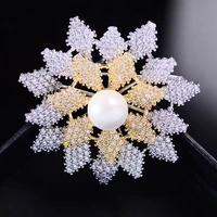 korean version two color gold clothing accessories inlaid zircon sun flower brooch imitation pearl brooch pin wholesale