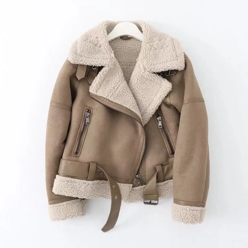 

Winter Women Faux Shearling Sheepskin Faux Leather Jackets Lady Thick Warm Suede Lamb Short Moto Biker Brown Coats