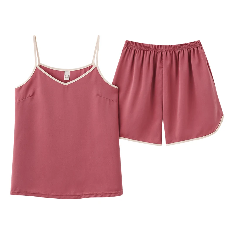 CAIYIER Summer Silk Pajamas Set Pure Color Sleeveless Strap Nightwear Cami Top + Shorts Sexy Lingerie Sleepwear For Women M-4XL