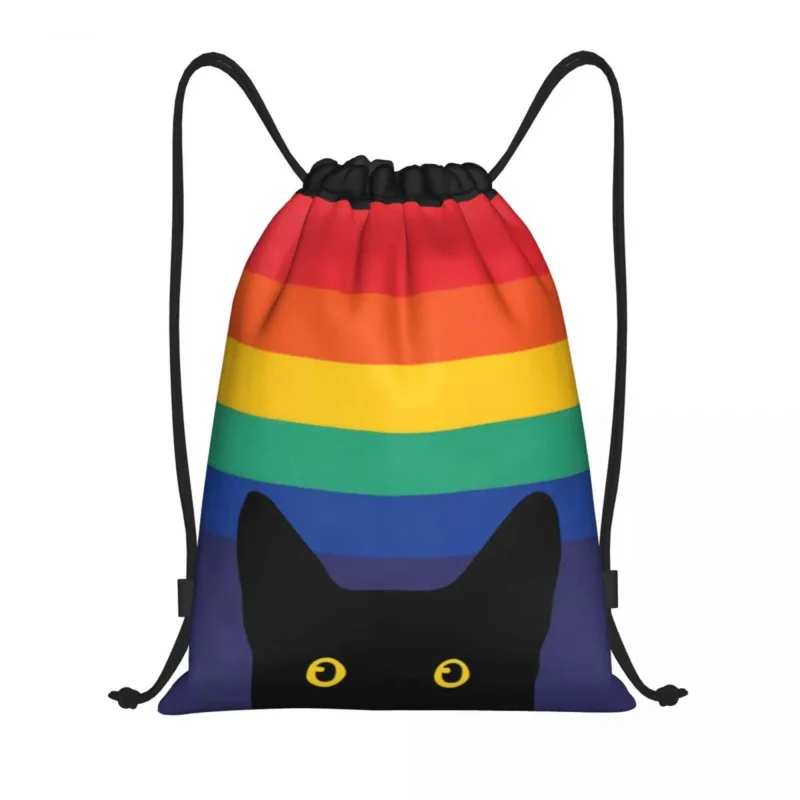 

Custom Peeking Cat In Rainbow Circle Drawstring Bags for Training Yoga Backpacks Men Women LGBT Gay Pride Sports Gym Sackpack