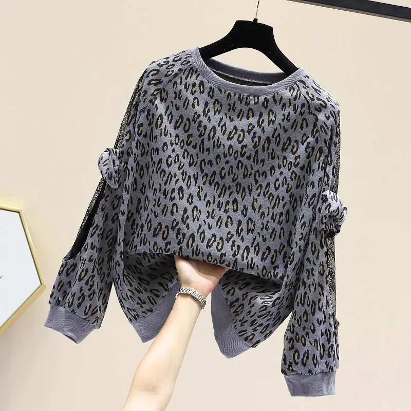 

Retro Fashionable Spring New Women Loose Pullover Sweatshirts Tide Round Neck Chic Splicing Lace Leopard Long Sleeve T-Shirt Ins