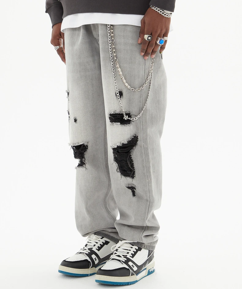 Men's Jeans Ripped Light Grey Front and Back Men and Women Clothing Hip Hop Y2k Pants Men Streetwear Brand High Quality Jeans