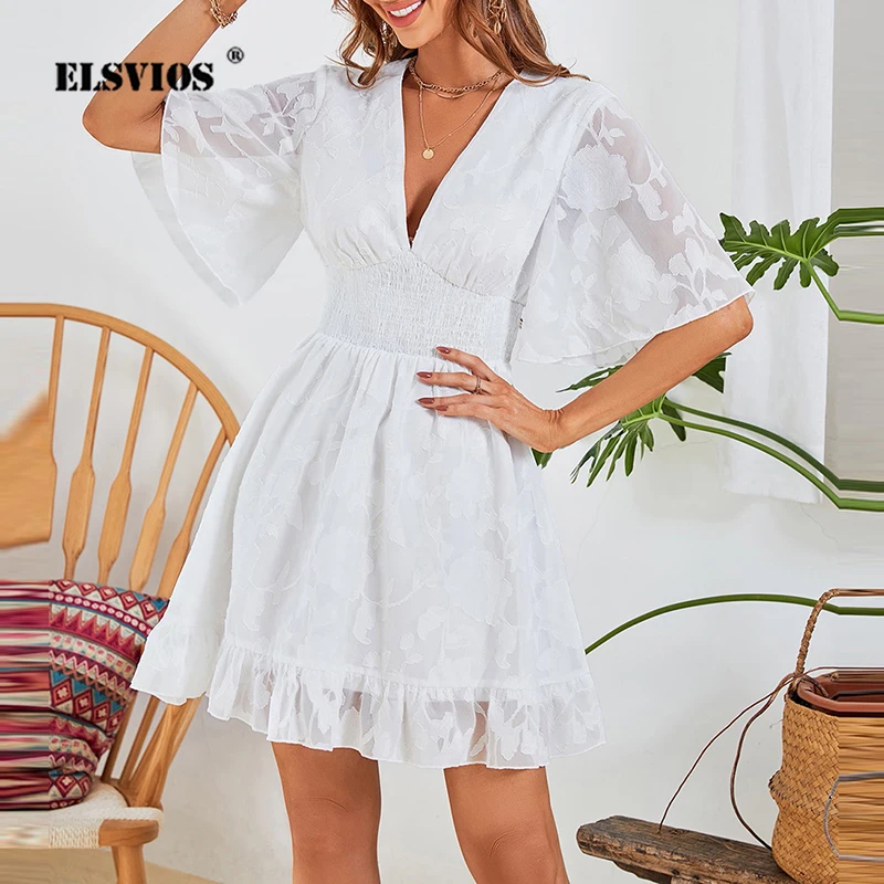 

2022 Summer Elegant Solid Mini Dress Women Fashion Hollow Out Party Dresses Office Lady Casual V-Neck High Waist Ruffle Vestidos