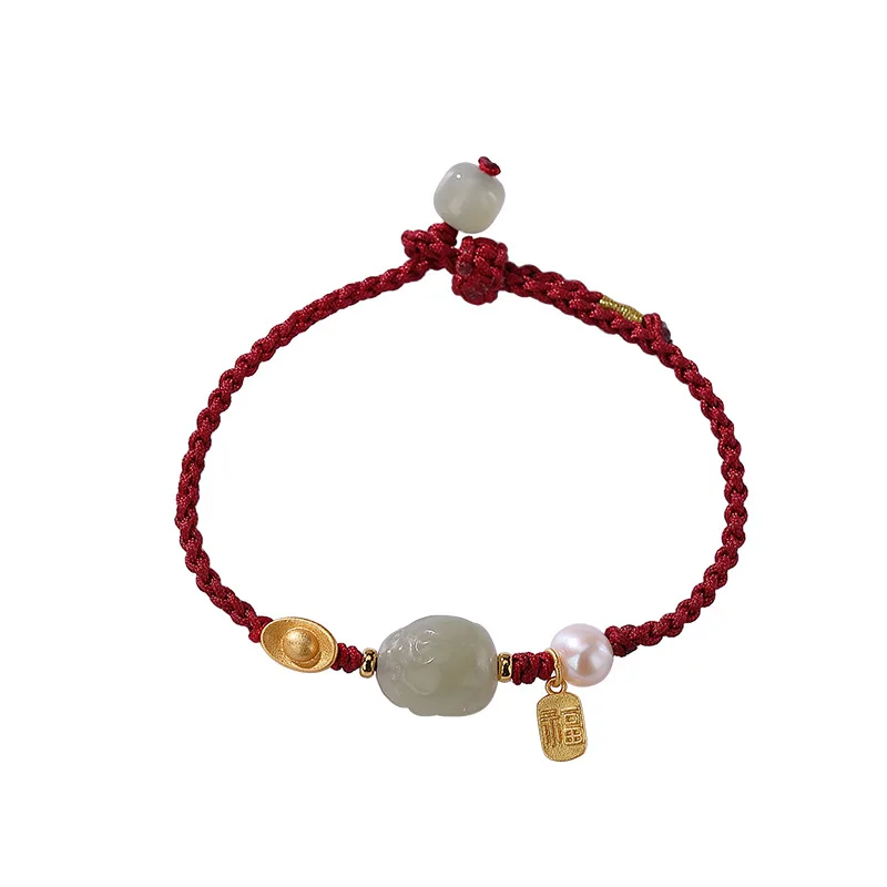 

S925 Sterling Silver Gold Plated Hotan Green Jade Pearl hand rope, red rope, brave silver ingot, lucky bracelet
