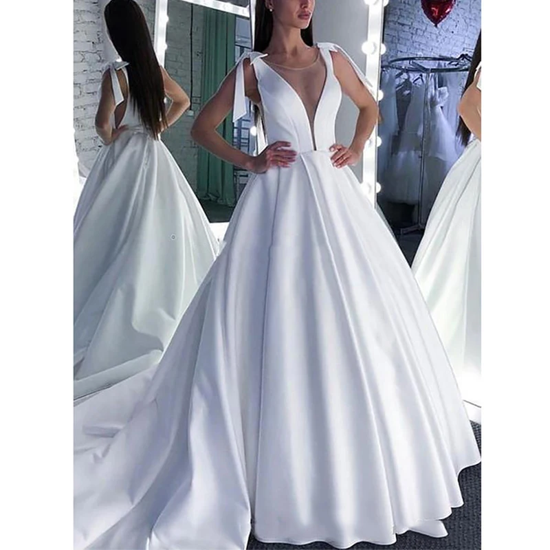 

Женское свадебное платье без рукавов, Элегантное Длинное Платье трапециевидной формы с глубоким V-образным вырезом и шлейфом для невесты