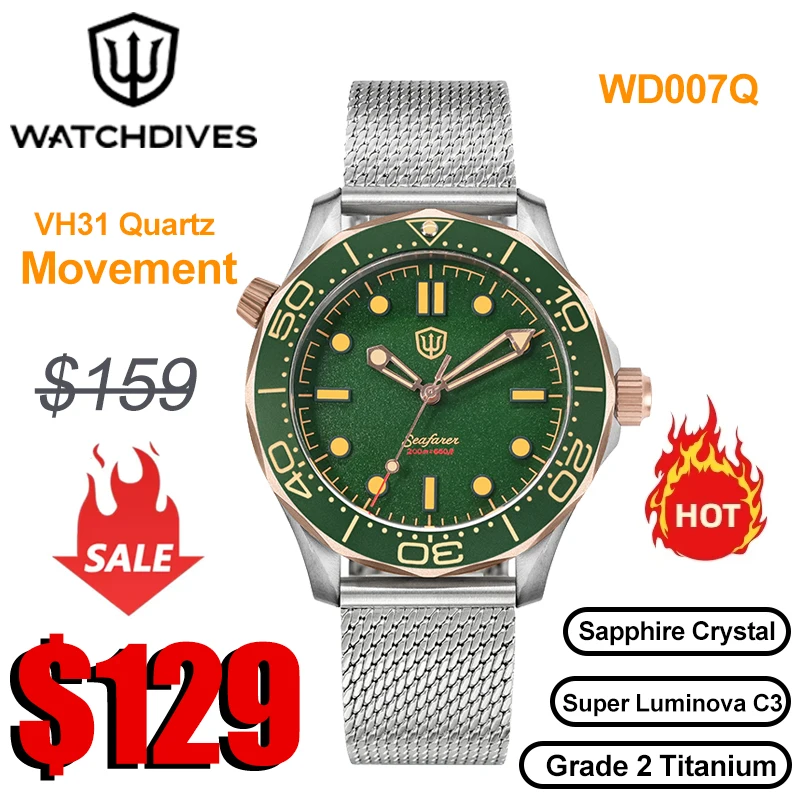 Фото Часы Watchdives WD007Q NTTD из титана класса 2, с кварцевым механизмом VH31, секундной стрелкой, сапфировым стеклом, водонепроницаемостью 200 м и светящимися элементами. №1