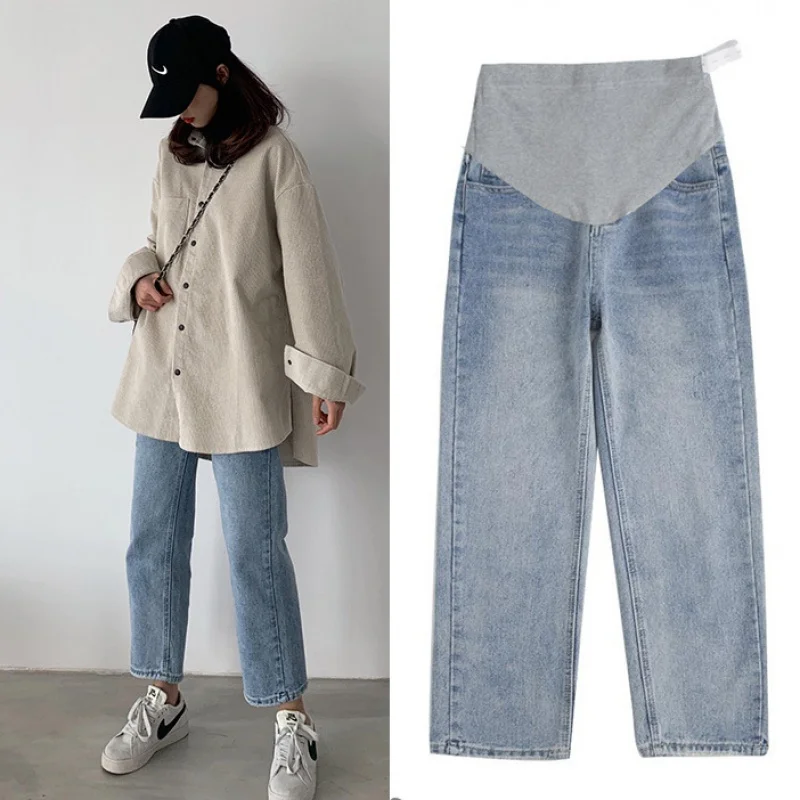 

Pregnant women light color jeans abdominal loose radish pants light color washing straight pants spring and summer
