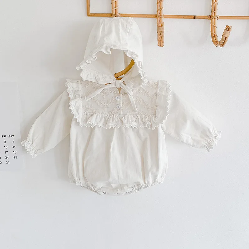 Spring And Autumn New Style Baby Girl Clothes Beautiful Newborn Long Sleeve Off White Bodysuits Two Piece Hat Cotton Baby Suit