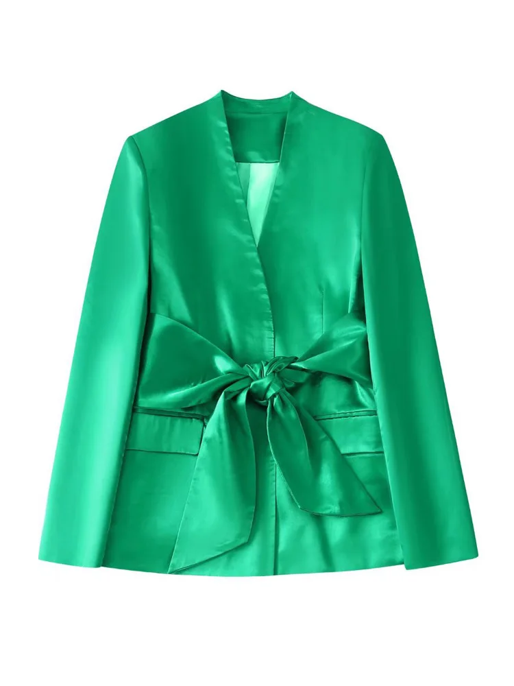 

2022 Summer Women Casual Blazers Coats Suit Solid V-Neck Sashes Bow Tie Female Elegant Street Satin Blazer Outerwear
