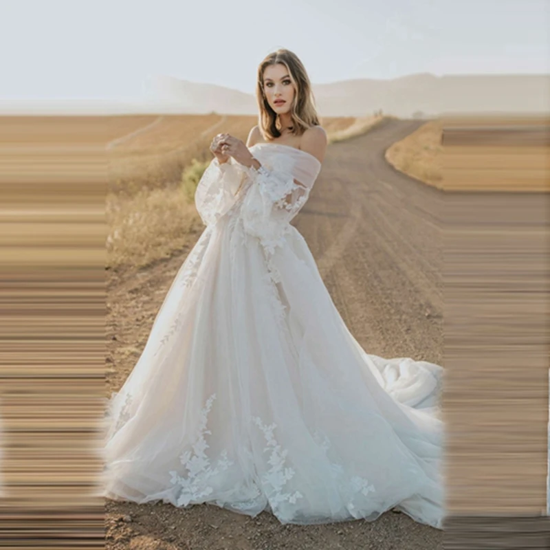 

Dearmlike Boat Neck Tulle Wedding Dresses Elegant Lace Appliques A-line Wedding Gowns Long Puff Sleeves Bridal Dress Customized