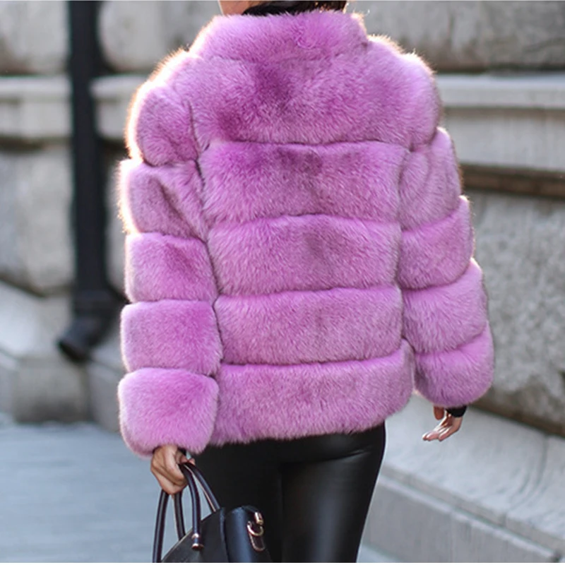 High Quality Fashion Silver Fox Fluffy Fall Winter Faux Fur Coat Women Jacket Luxury Stand Collar Long Sleeve Fur Jacket Female
