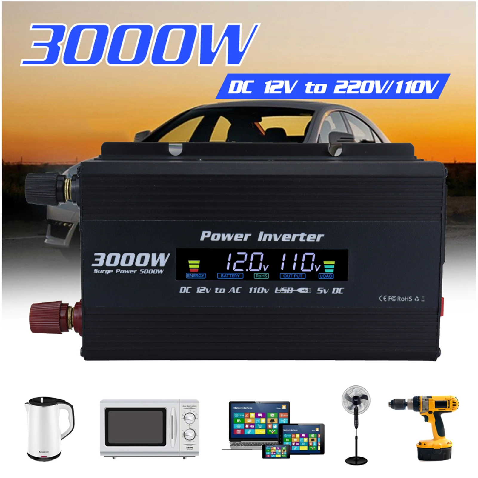 

Power Inverter Car DC 12V To 110V AC Auto Converter USB Car Converter With Digital Display Dual AC Outlets Car Charger Adapter