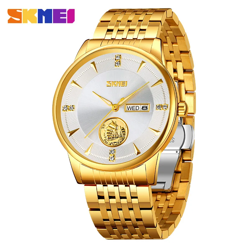 

SKMEI Japan Quartz Movement Male Wristwatches Luxury Golden Color Steel Strap Men Watch Calendar Clock Relojes Para Hombre 9309