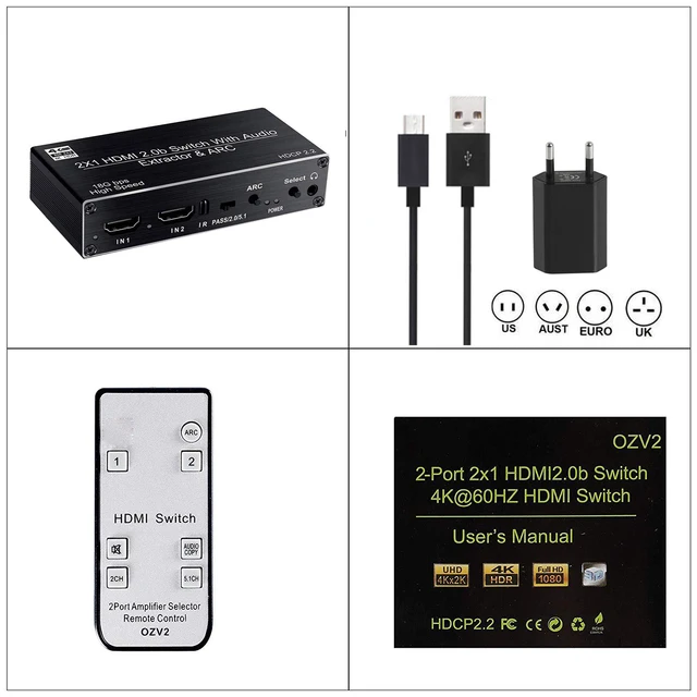 2 порта HDMI 0 аудио экстрактор для PS5 4K 60 Гц 5.1Ch HDMI2.0b ARC переключатель с toslink stereo HDCP 2.2