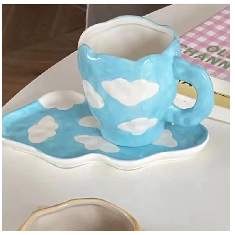 

Nordic Ins Style Hand-held Cup Hand-painted Blue Sky and White Clouds Cup Ceramic Afternoon Tea Center Plate Breakfast Milk Cup