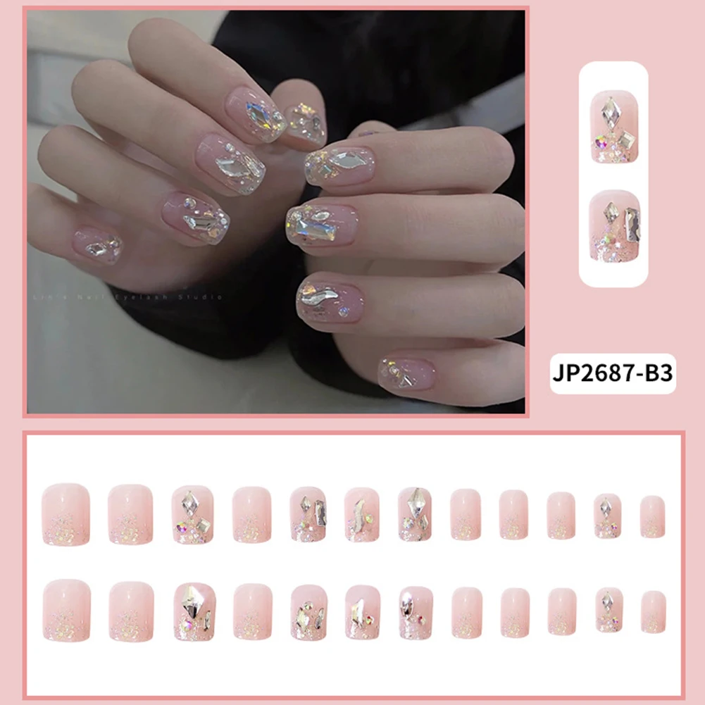 

24PCS Short Press on Nails Cute Shiny Rhinestones Full Coverage Artificial Nails Fake Nails Manicure Salon DIY Art MH88