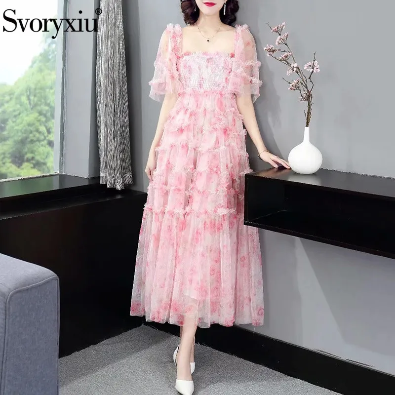 Svoryxiu Runway Designer Summer Party Plus Size Maxi Dress Women's Short Sleeve Elegant Flower Print Mesh Pink Long Dresses XXL