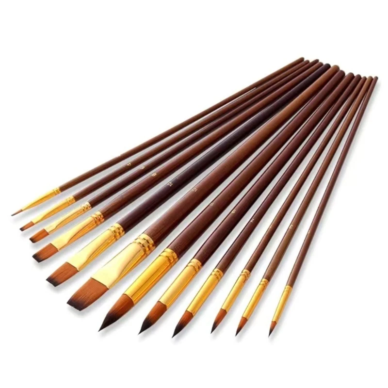 

69HA 12x/Set Artist Paintbrushes Watercolor Acrylic Paint Brush Nylon Hair Painting Brush Drawing Supplies for Beginner Adult