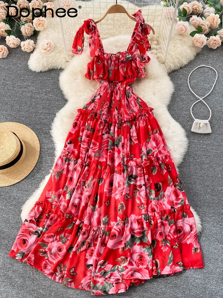 

Women Chiffon Print Beach Holiday Ruffles Pleated Dress New Arrivals Lady Sexy Fashion Temperament Summer 2022