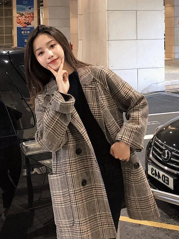 Пальто шерстяное женское, в клетку, свободное, с лацканами, приталенное, в Корейском стиле, осень 2020