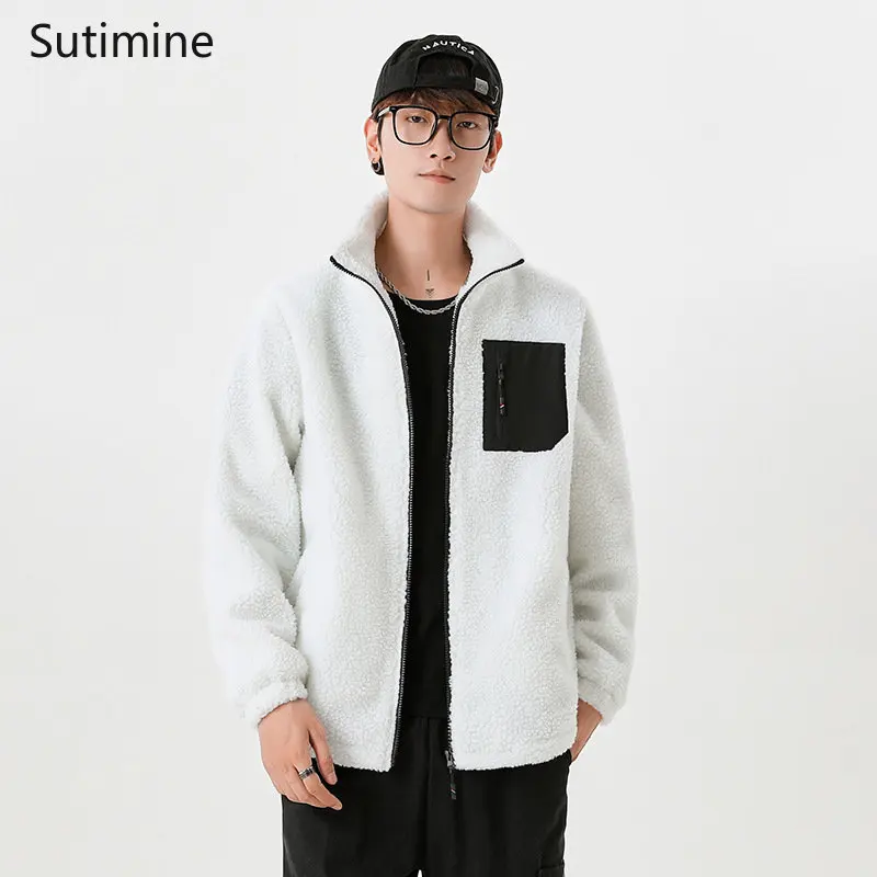 Men Clothing Daily Stand Collar Winter Korean Fashion Lamb Fleece Cotton Coat Cashmere Coat Fleece Fleece Zipper Winter Coat Men