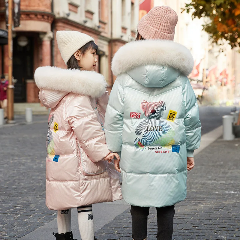 Winter Down Jacket for Girls High Quality Teenage Cartoon Parkas Snowsuit Fashion Fur Collar Hooded Outdoor Coats 6 8 10 12 14Y