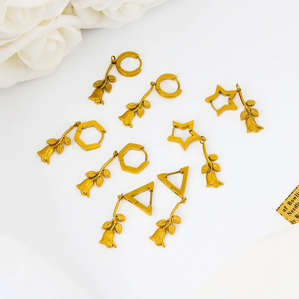 

New Stainless Steel Earrings for Women High Design Polygon Triangular Ring Ear Stud Rose Dangle Earring 18K Gold Plated Jewelry