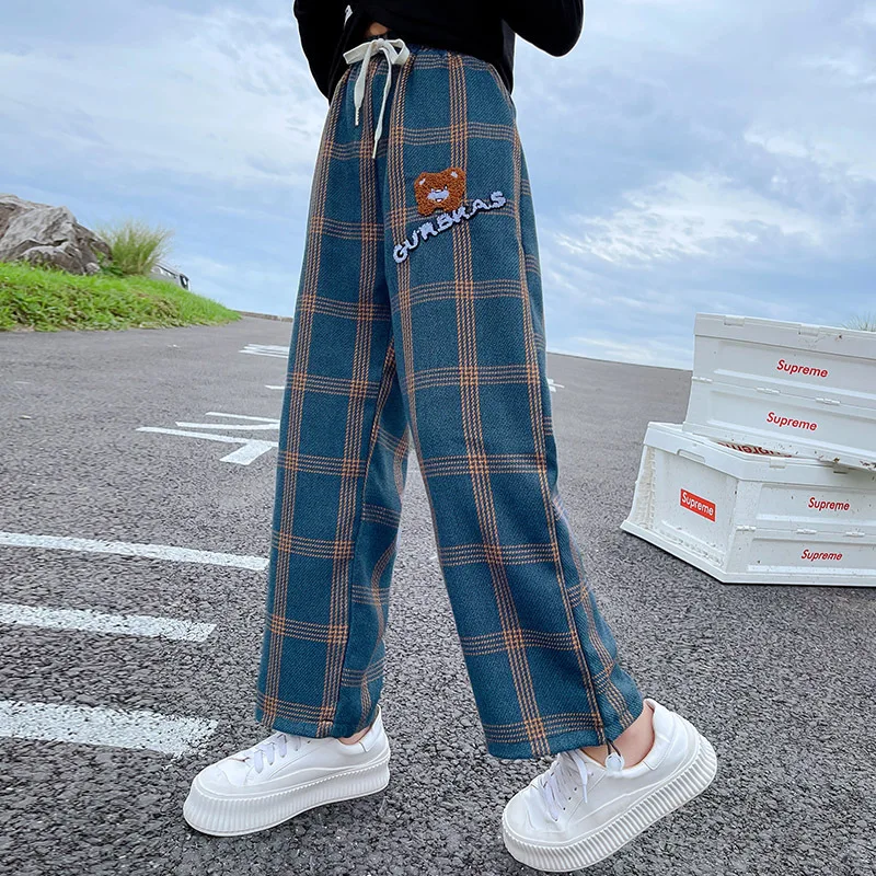 

Брюки для девочек-подростков на весну 2022, повседневные клетчатые детские длинные брюки, модные свободные спортивные брюки, детские брюки с ...