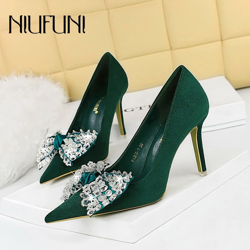 

NIUFUNI Pointed Suede Rhinestone Bow Silk Woman Shoes Stiletto High Heels Slip On Women's Pumps Fashion Elegant Size 34-43 Sexy