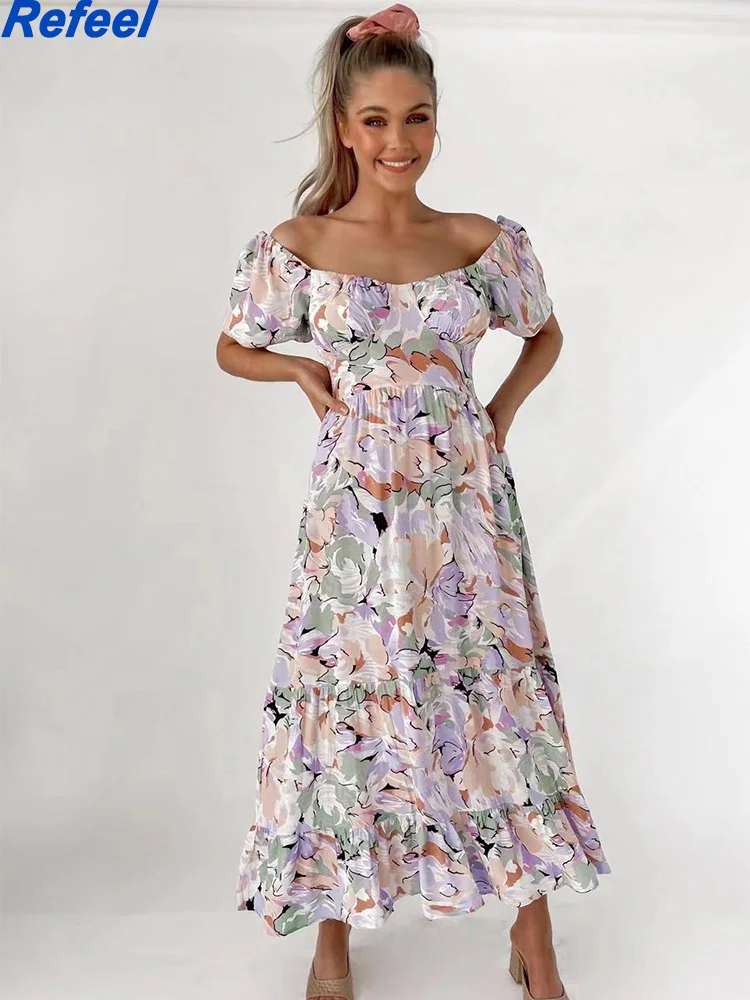 

Boho Floral Print Ruffle Long Women Dress Summer Short Sleeve Maxi Dress Spring Square Collar High Waist Dresses