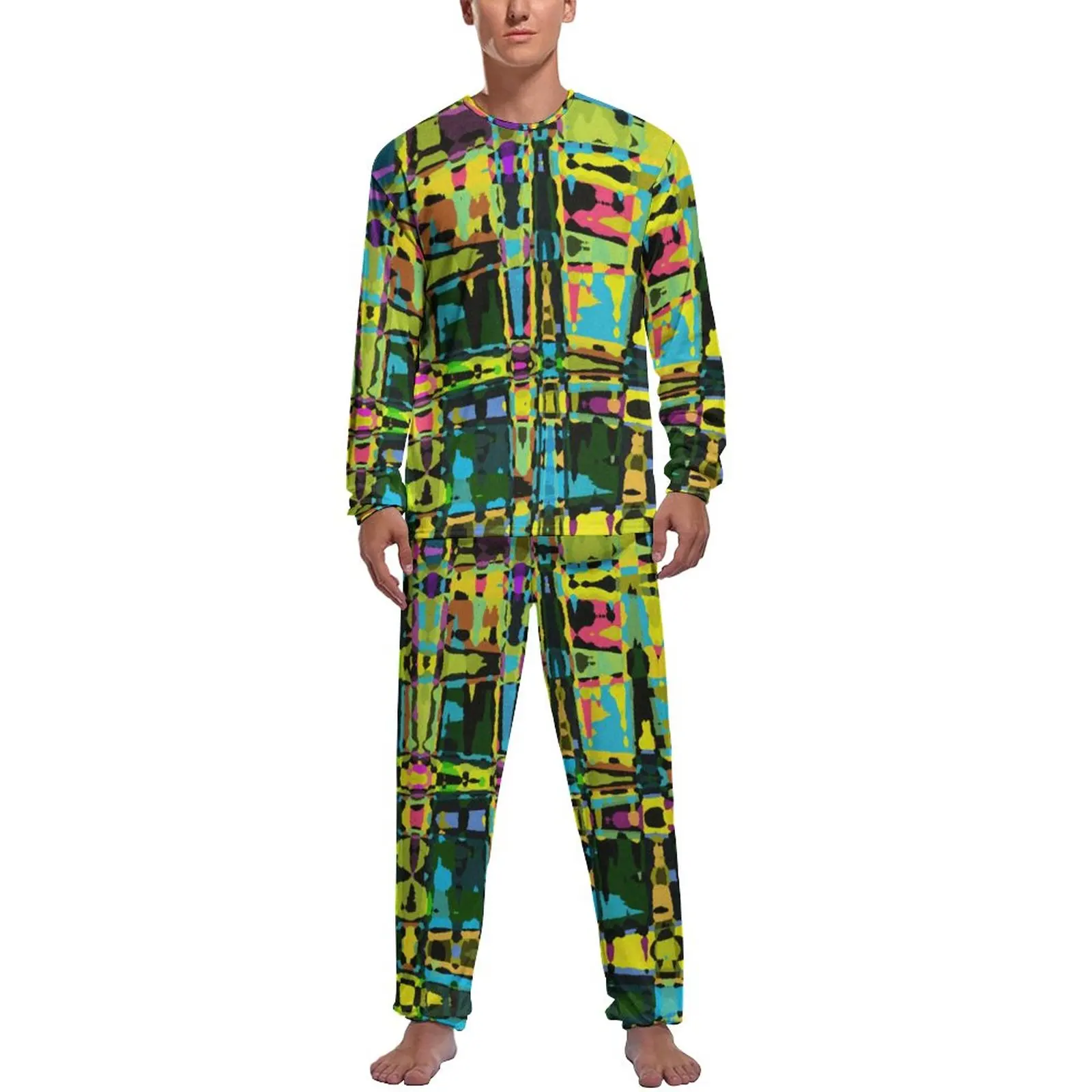 Abstract Print Pajamas Long Sleeves Colorful Ethnic 2 Pieces Home Pajama Sets Winter Men Graphic Warm Home Suit