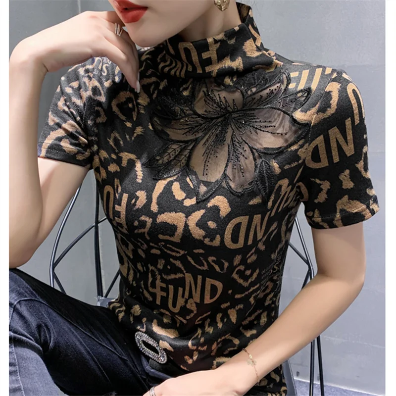 #7611 летняя леопардовая футболка Женская сетчатая Сексуальная с коротким рукавом
