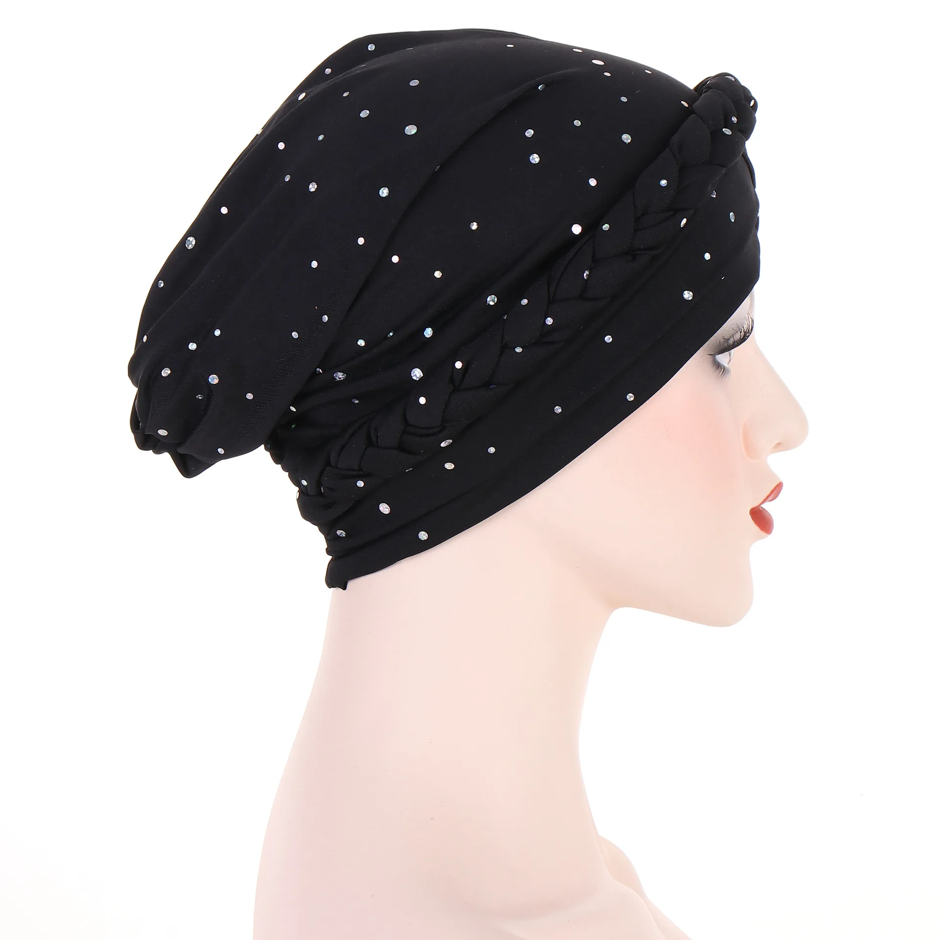 Women Turban Cap Beaded Headscarf Beanie African Braid Cap for Women Twisted Beaded Braid Wrap Hat Turban for Muslim Women