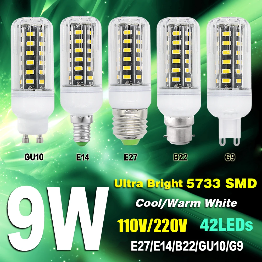 

Ultra Bright Cool/Warm White 9W 5733 E27/E14/G9/B22 LED Corn Bulb lamp 110/220V Efficient 42 LEDs Corn Bulb Lamp Light