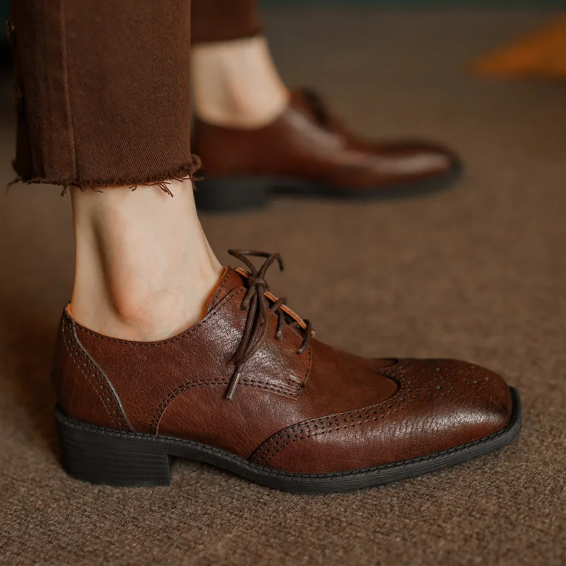 

Женские туфли-оксфорды в стиле ретро, квадратный носок, шнуровка, плоская подошва, Лошадиная кожа, британский стиль, броги, натуральная кожа, удобная обувь на плоской подошве